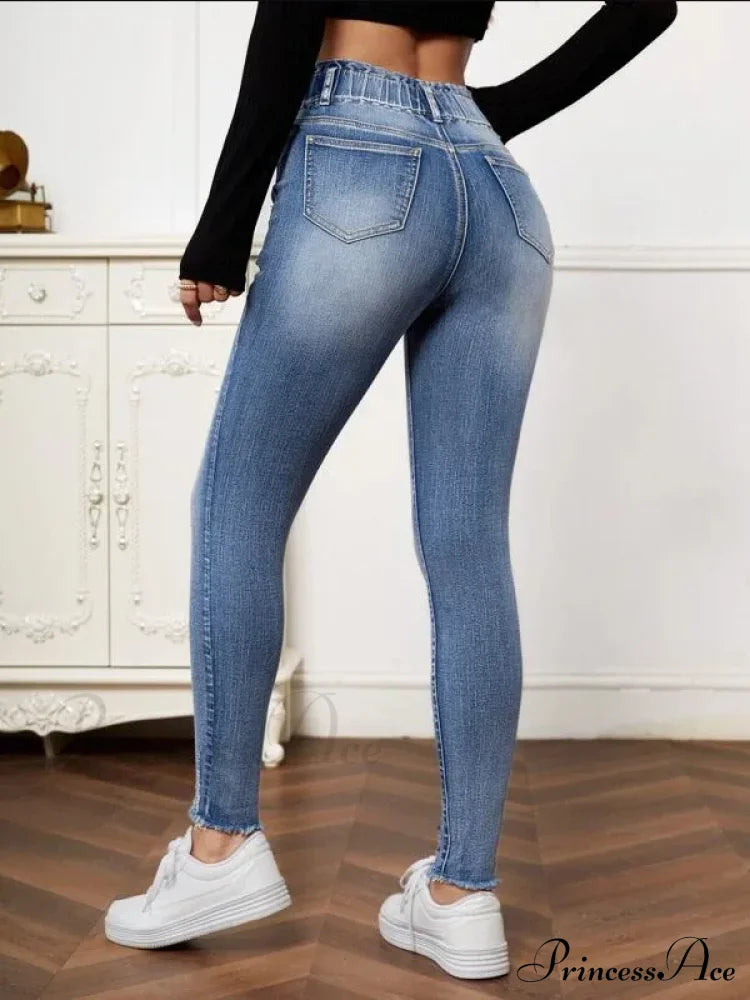 High Stretch Ripped Casual Fashion Elastic Waist Skinny Slim Autumn Jean