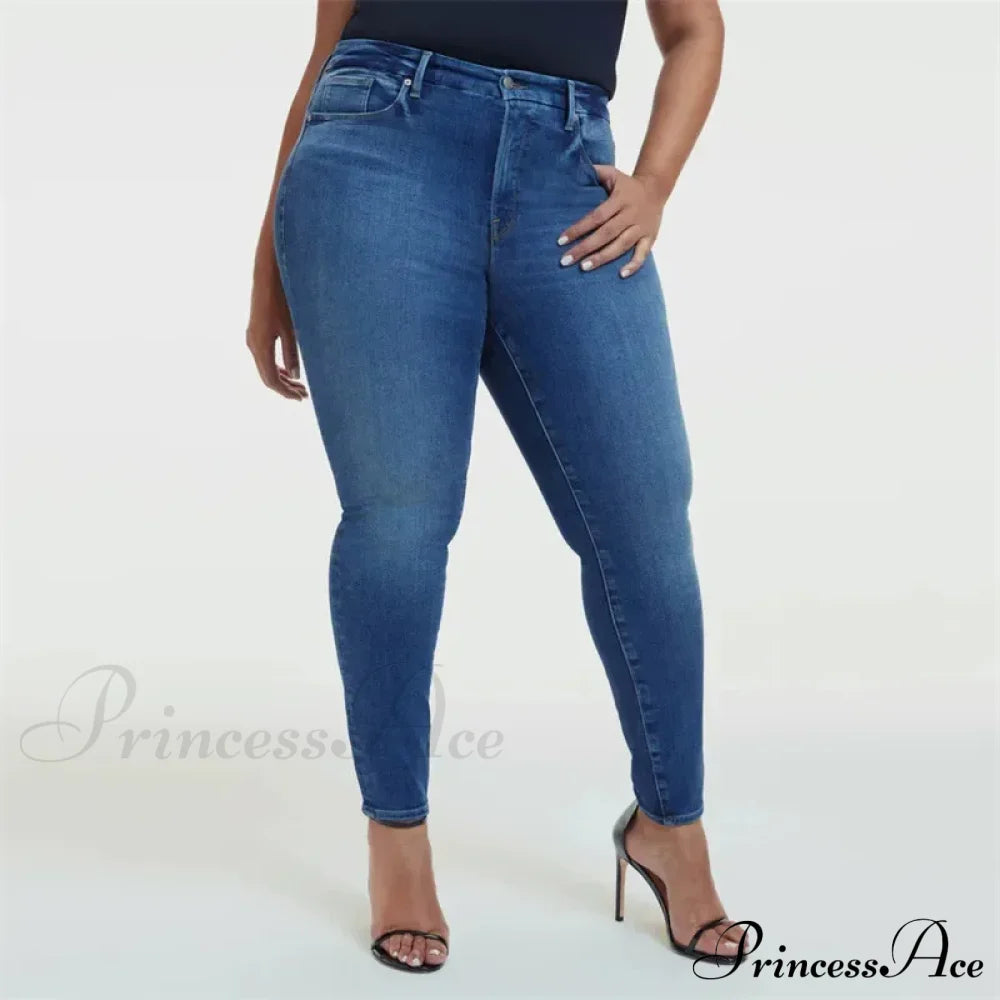 High Stretchy Skinny Full Length Plus Size Curvy Fitting Fashionable Pencil Jean Light Blue / Xs