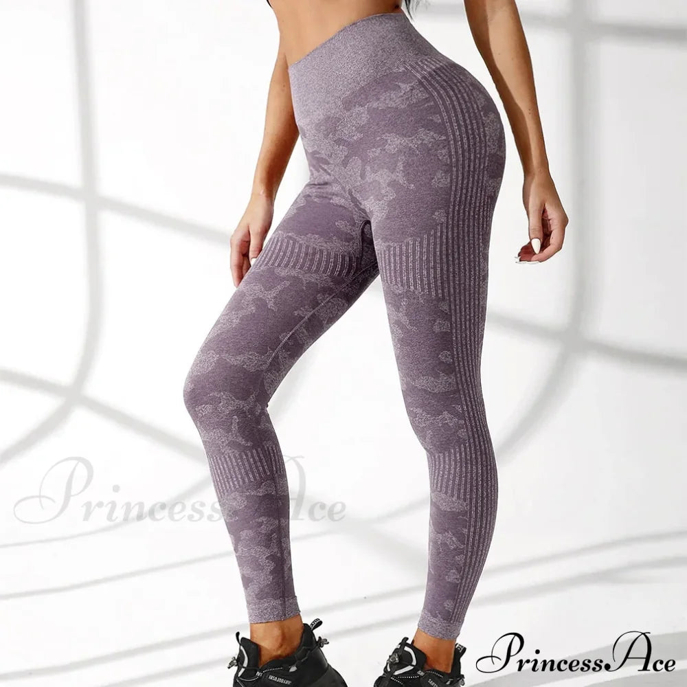 High Waist Camouflage Seamless Stretch Butt Lift Gym Legging Purple / S