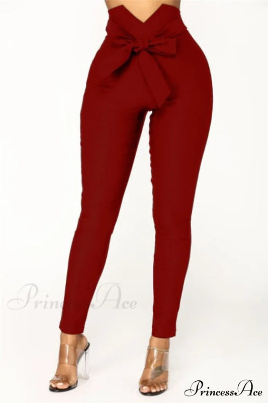 High Waist Casual Pants Burgundy / M