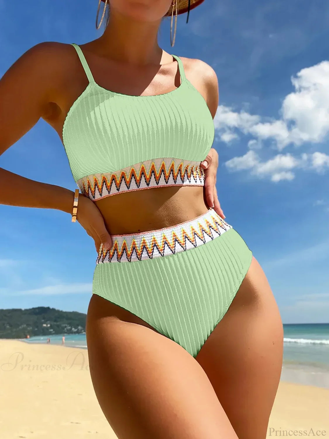 High Waist Colorful Split Two Piece Set Light Green / S