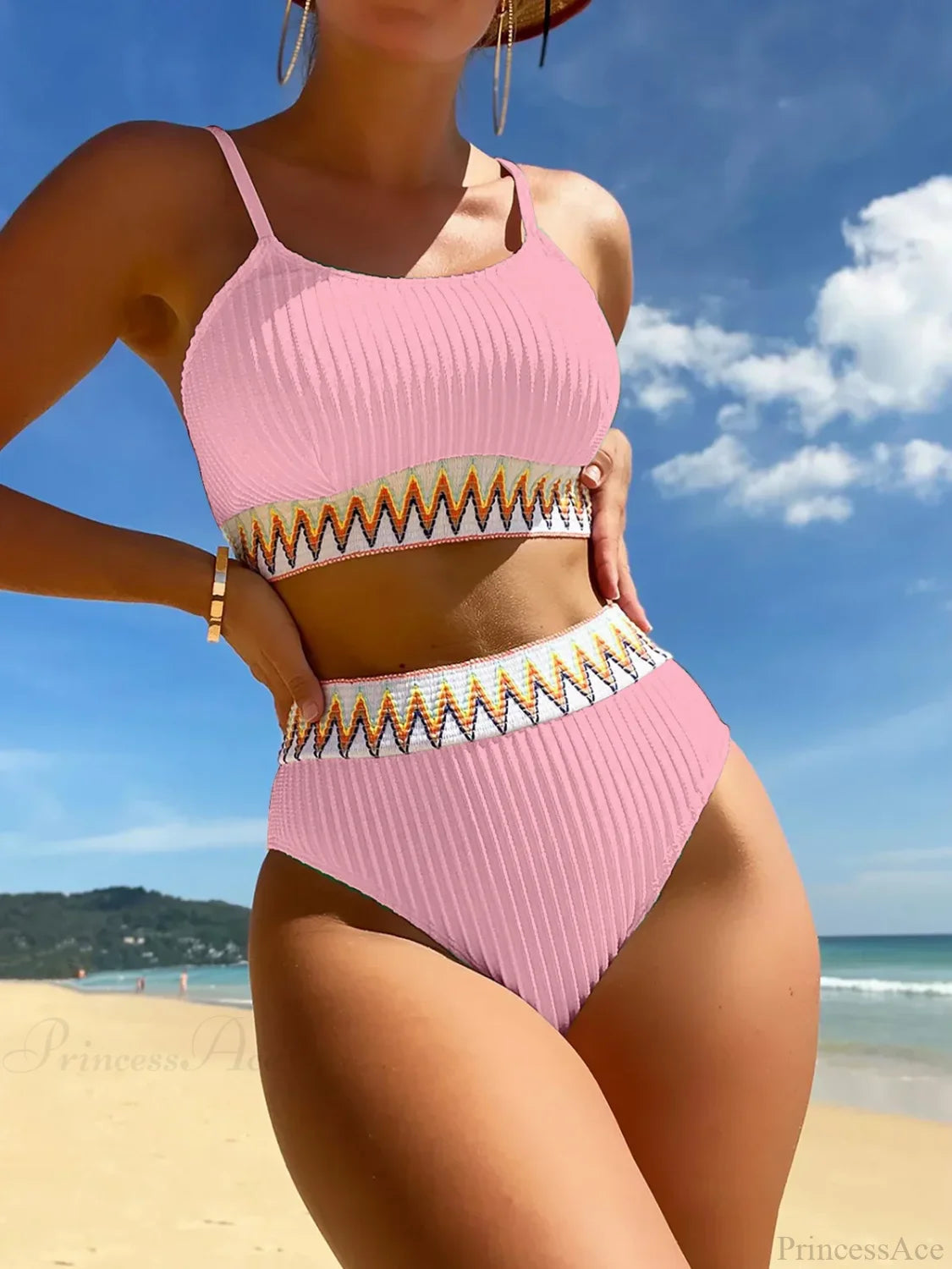 High Waist Colorful Split Two Piece Set Pink / S