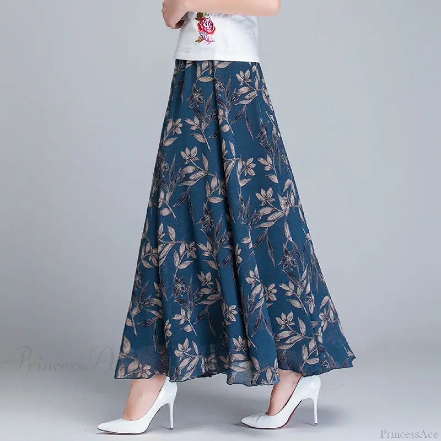 High Waist Elastic Waist Midi Full Long Skirt 2024 Blue Bamboo / M skirt-250126