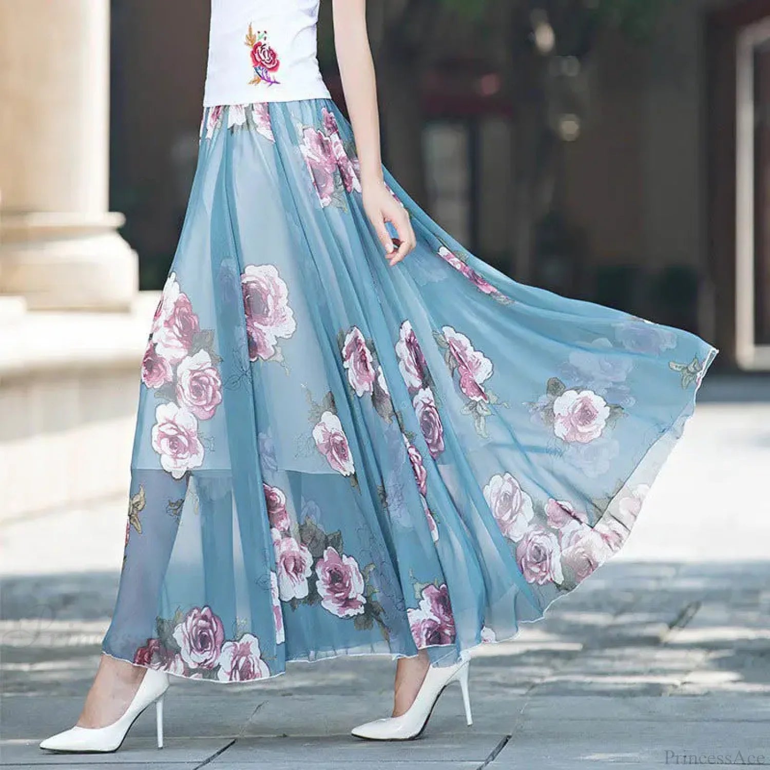 High Waist Elastic Waist Midi Full Long Skirt 2024 Blue Rose / M skirt-250126