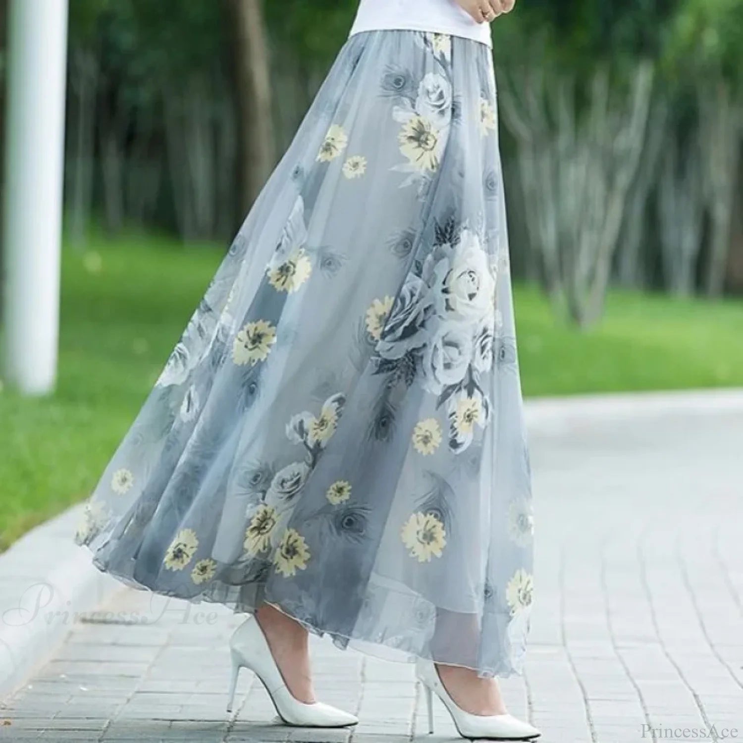 High Waist Elastic Waist Midi Full Long Skirt 2024 Gray Flower / M skirt-250126