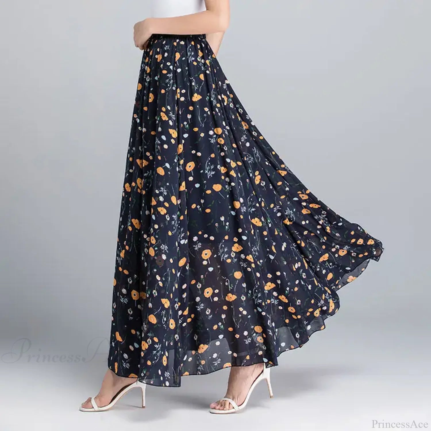 High Waist Elastic Waist Midi Full Long Skirt 2024 Navy Yellow Flower / M skirt-250126