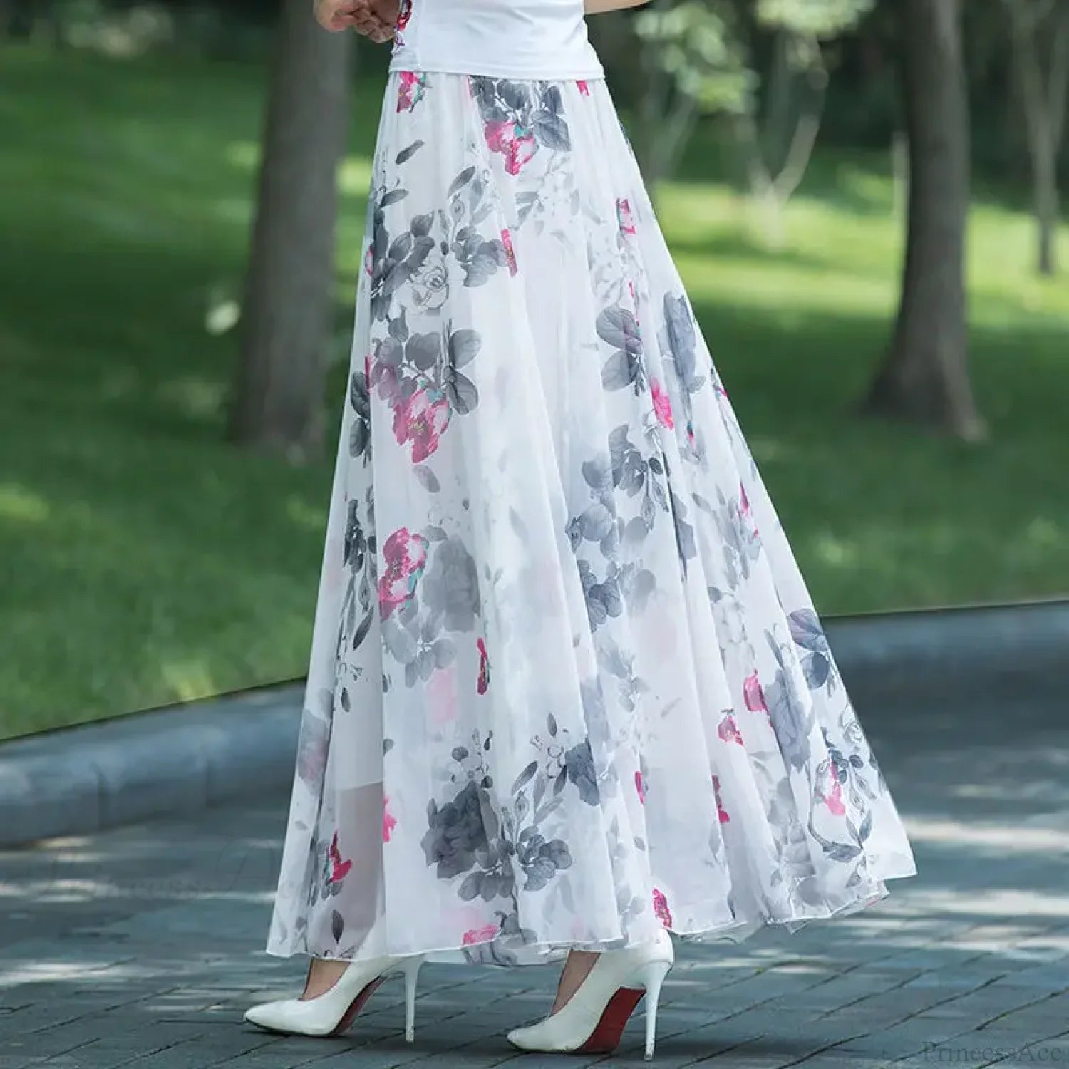 High Waist Elastic Waist Midi Full Long Skirt 2024 White Peony / M skirt-250126