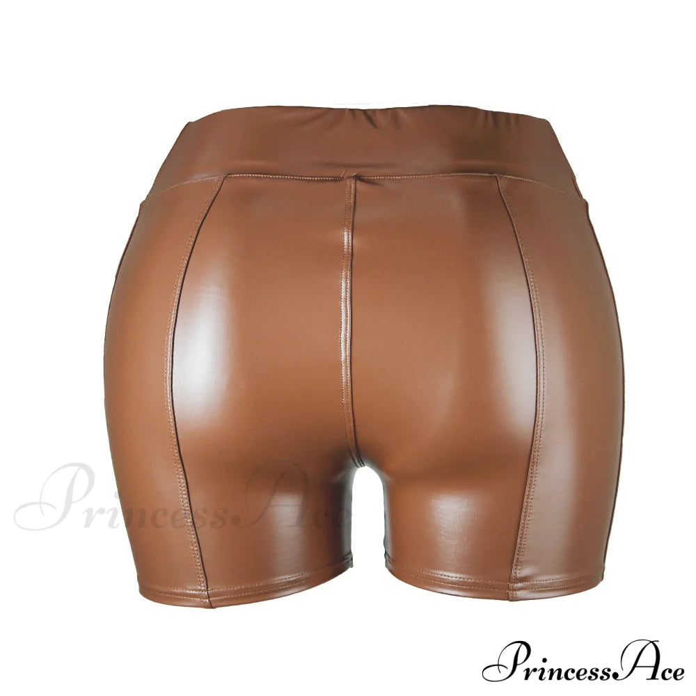 High Waist Faux Leather Shorts Brown / S