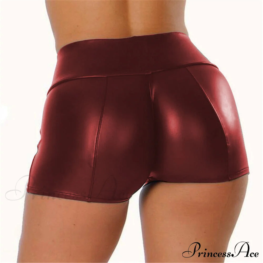 High Waist Faux Leather Shorts Wine Red / S