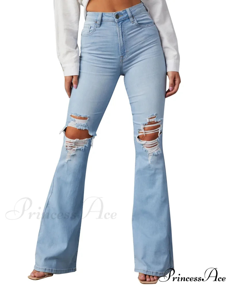 High Waist Flare For Women Fashion Ripped Distressed Denim Woman Bottom Streetwear Ladies Jean