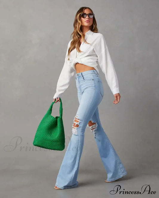 High Waist Flare For Women Fashion Ripped Distressed Denim Woman Bottom Streetwear Ladies Jean