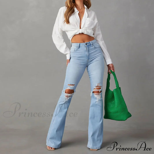 High Waist Flare For Women Fashion Ripped Distressed Denim Woman Bottom Streetwear Ladies Jean Baby