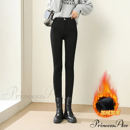 High Waist Fleece Lined Warm Slim Korean Casual Sexy Leggings Jean Black / 25