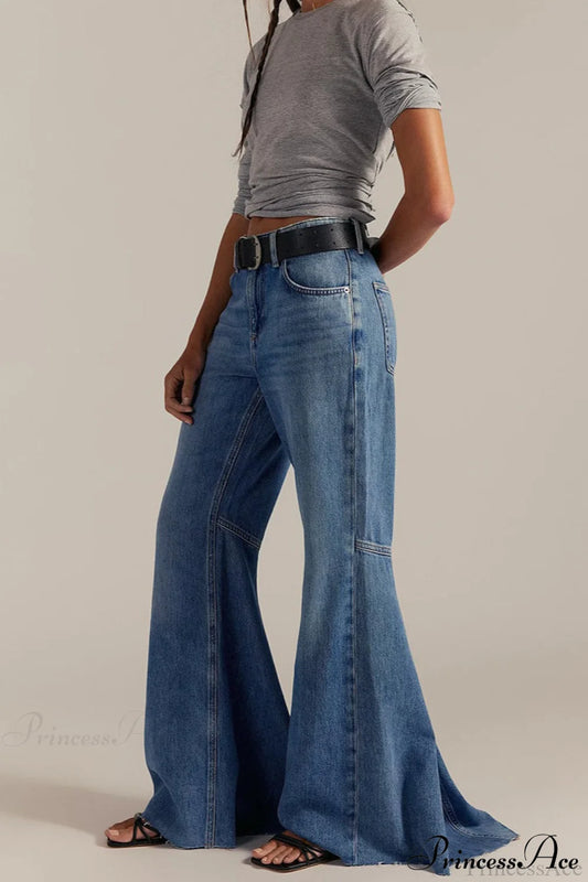 High Waist Floor-Length Wide Flare Elegant Jeans Blue / S