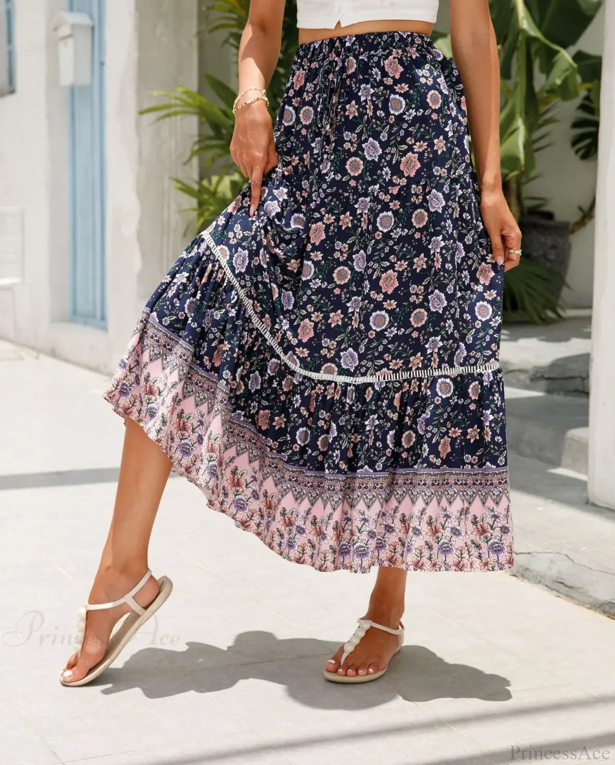 High Waist Floral Beach Skirt A-line Ruffled Lace Holiday Maxi skirt-250126