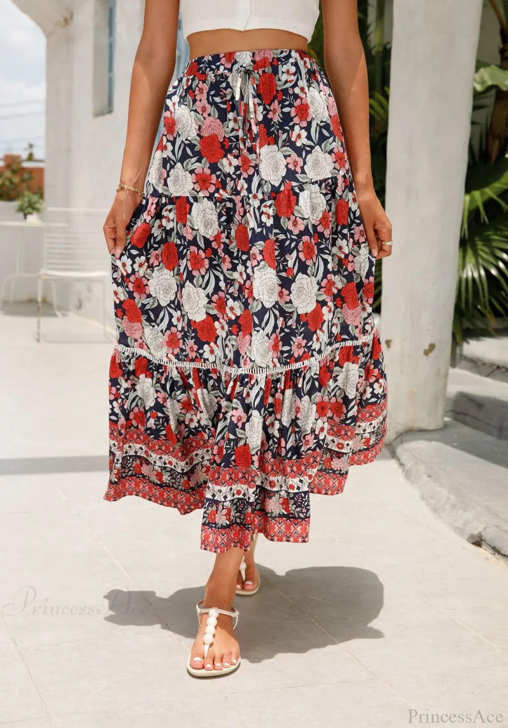 High Waist Floral Beach Skirt A-line Ruffled Lace Holiday Maxi Red / S skirt-250126