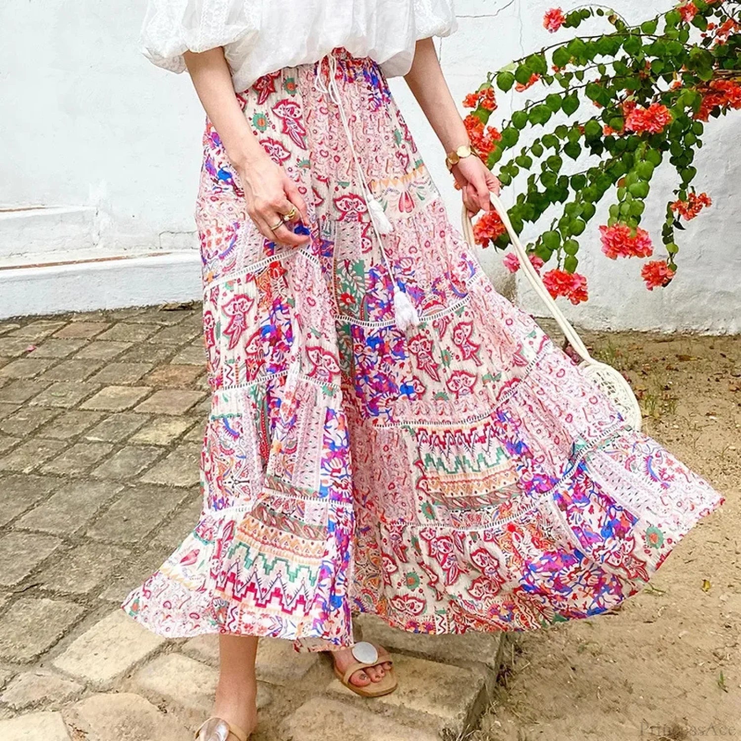 High Waist Floral Beach Skirt Lace Patchwork Chic Cotton Maxi