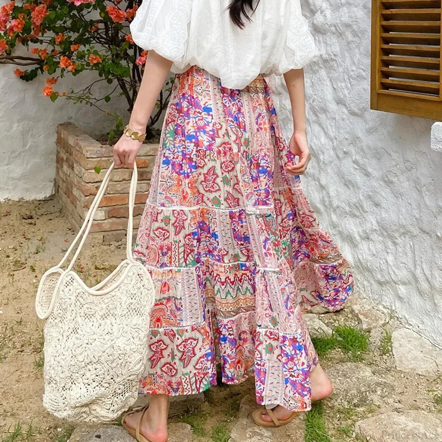 High Waist Floral Beach Skirt Lace Patchwork Chic Cotton Maxi