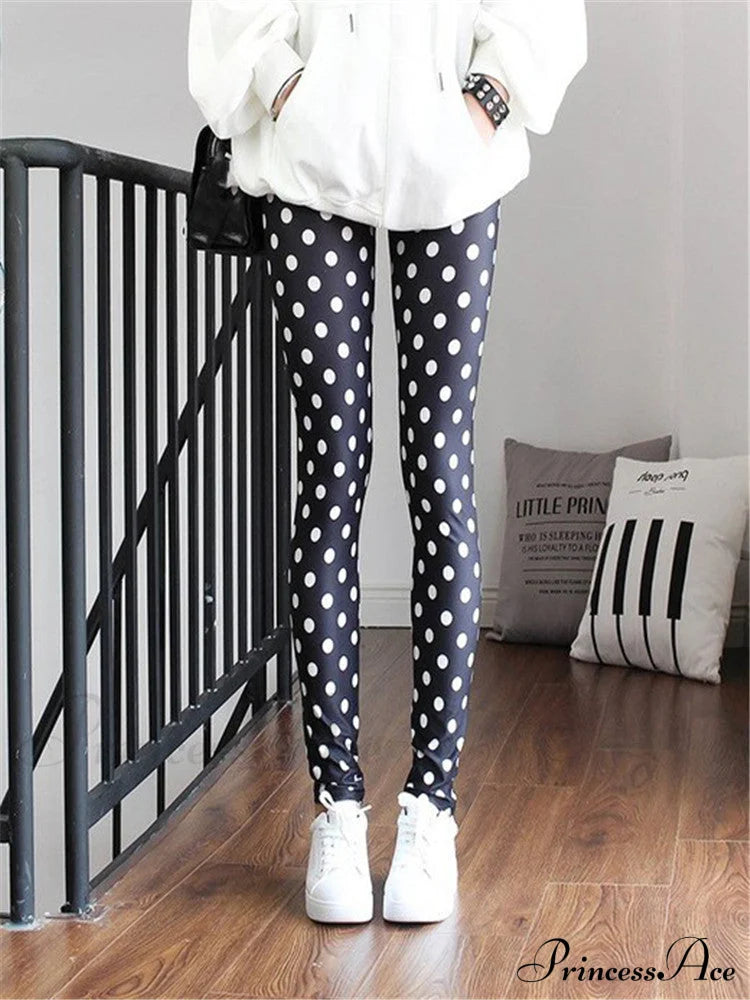 High Waist Leggings Pants Black Dot / S