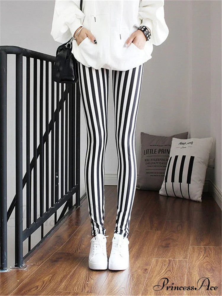 High Waist Leggings Pants Fine Stipe / S