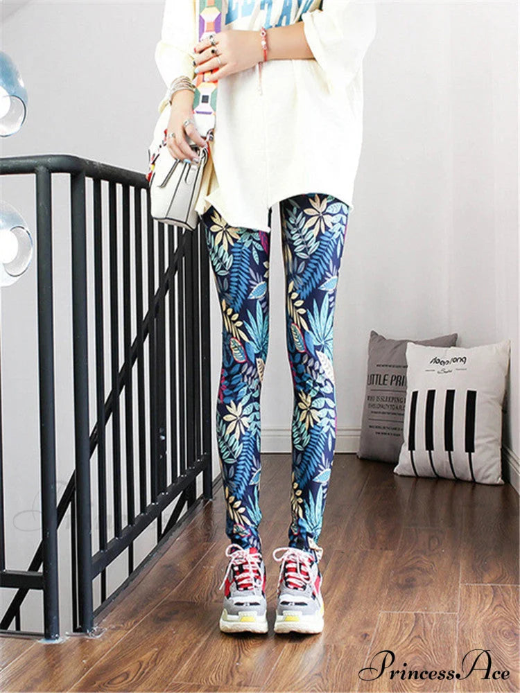 High Waist Leggings Pants Leaf Dark Blue / S