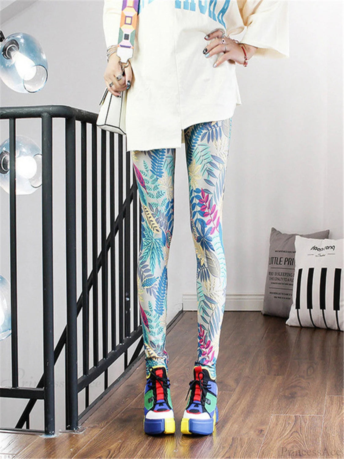 High Waist Leggings Pants Leaf Light Blue / S