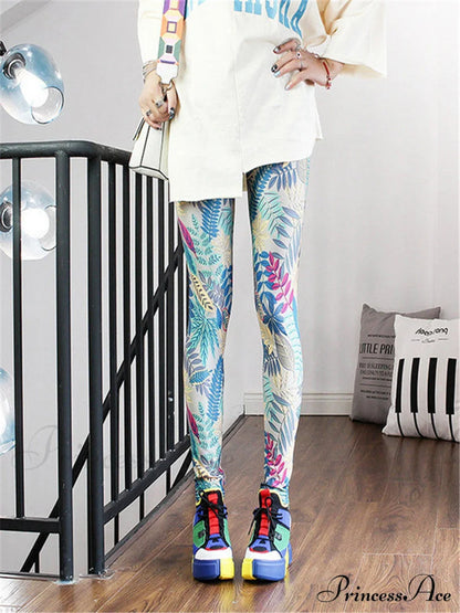 High Waist Leggings Pants Leaf Light Blue / S