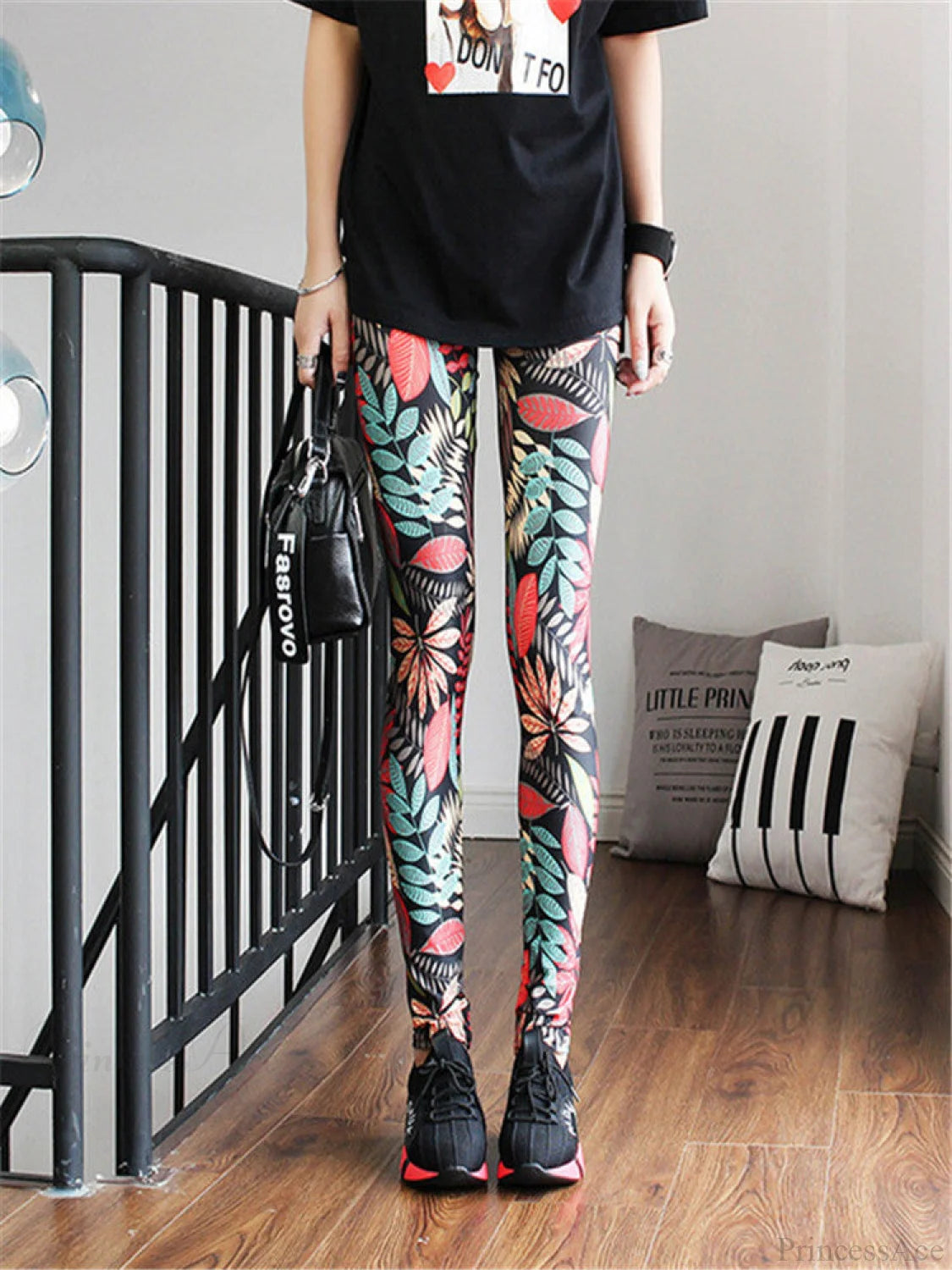 High Waist Leggings Pants Leaf Red / S