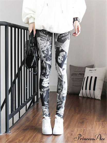 High Waist Leggings Pants Newspaper / S