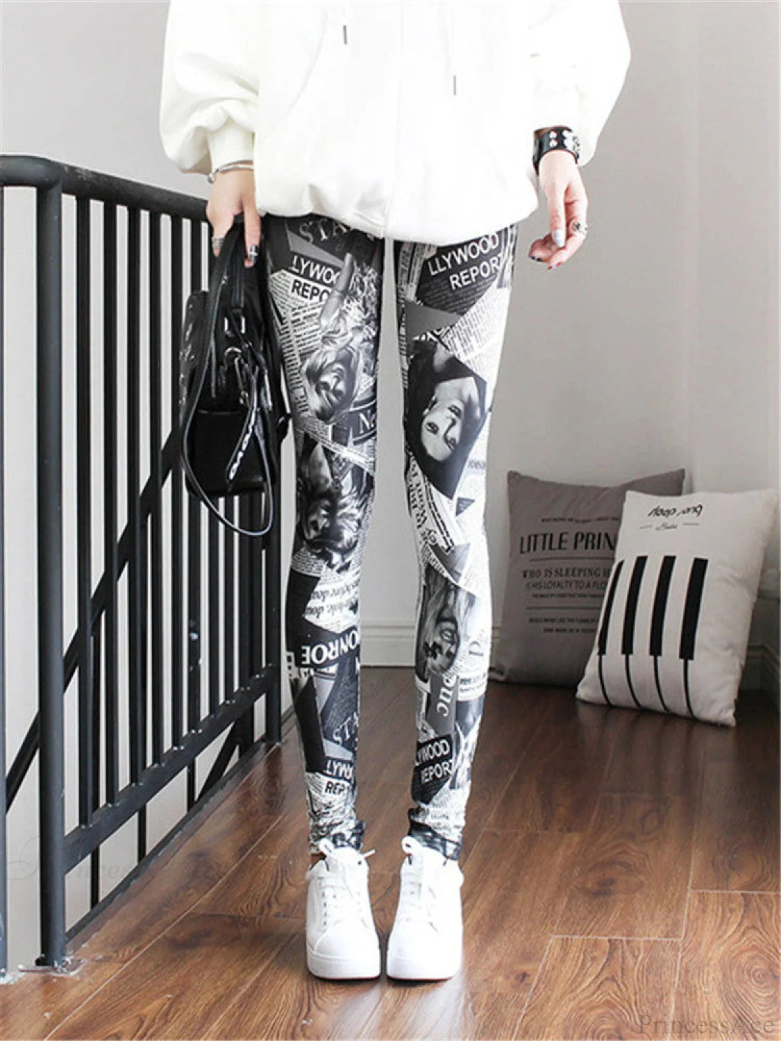 High Waist Leggings Pants Newspaper / S