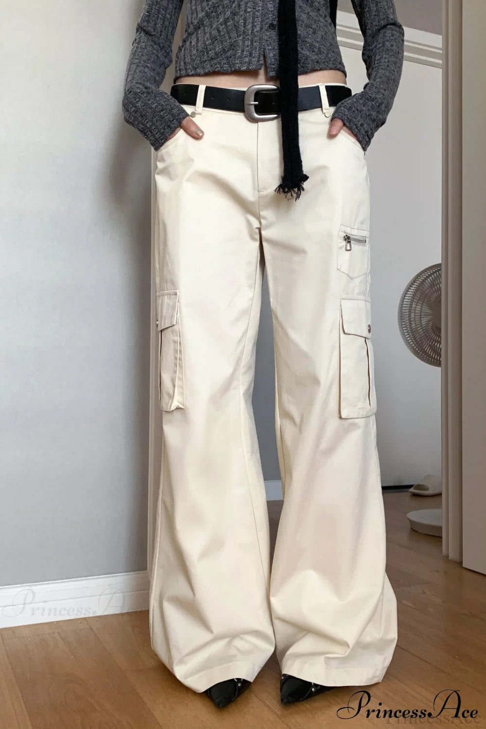 High Waist Loose Multi Pocket Cargo Pants Beige / S