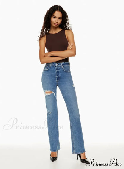 High Waist Loose Ripped Holes Streetwear Straight Ladies Denim Jean