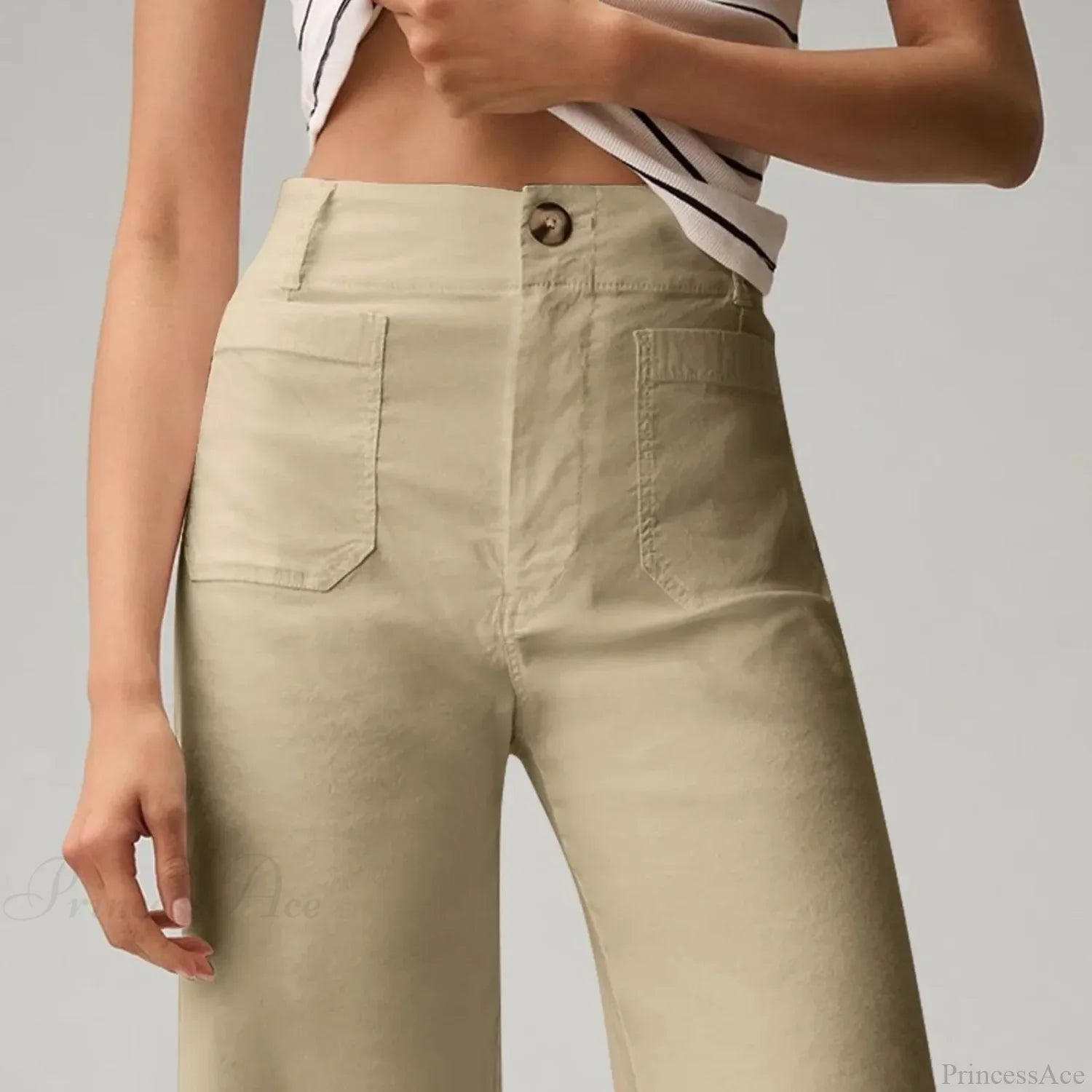 High Waist Patch Pocket Straight Pants Beige / S