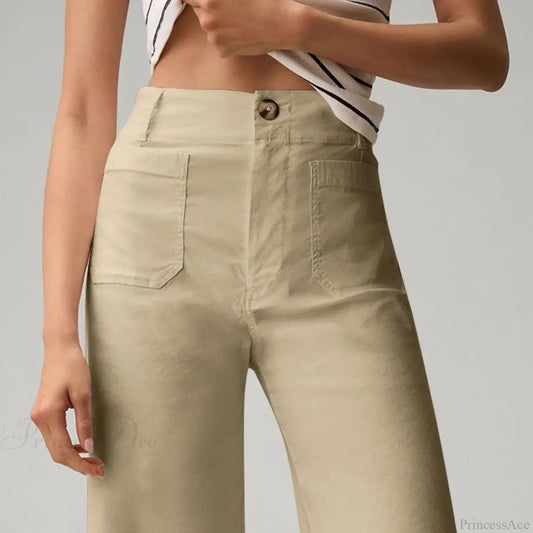 High Waist Patch Pocket Straight Pants Beige / S