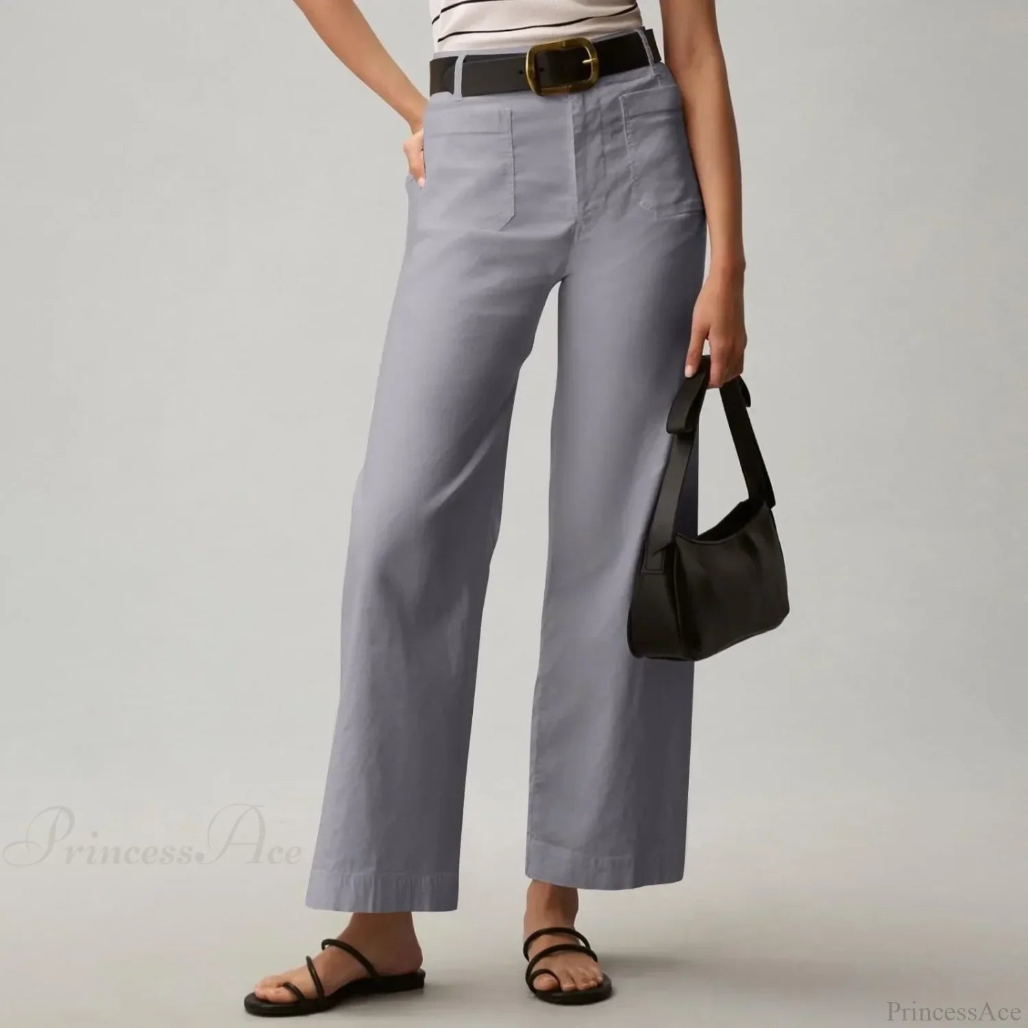 High Waist Patch Pocket Straight Pants Grey / S