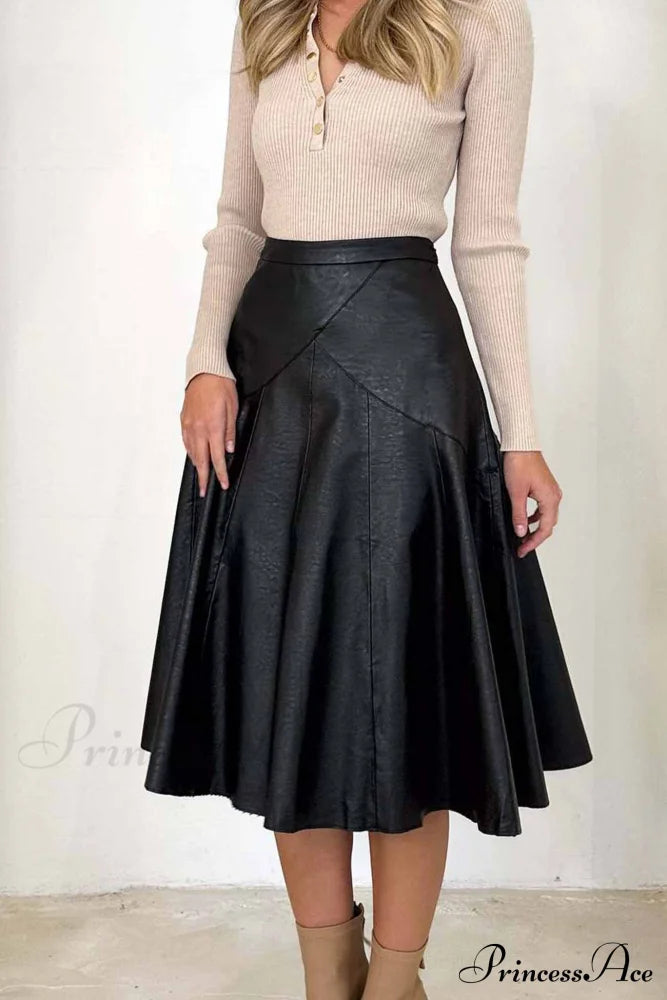 High Waist Pleated Midi Skirt Crafted From Leather Black / M Skirts