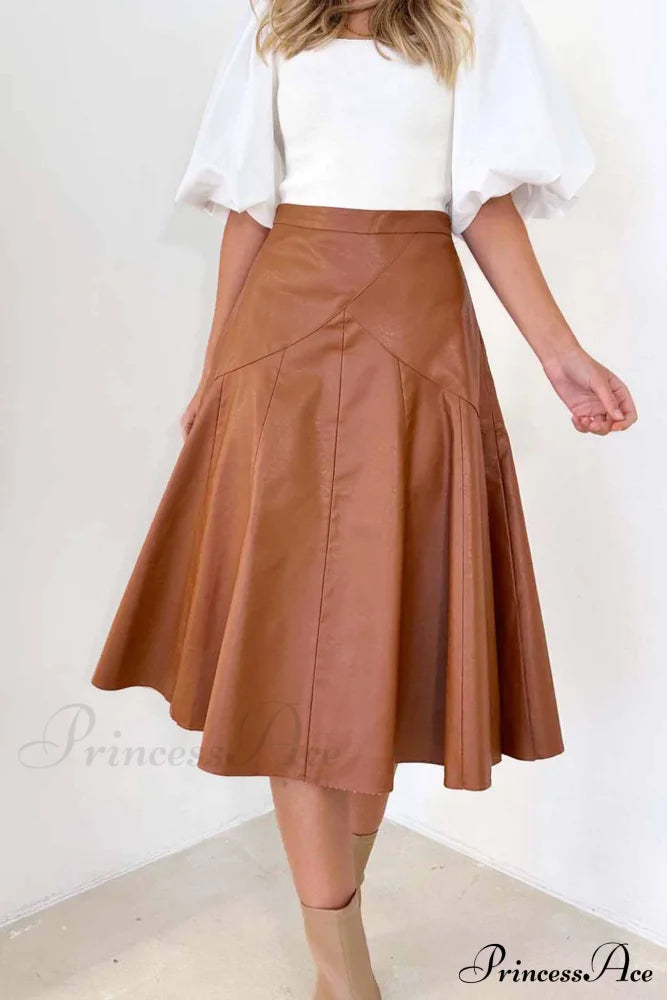 High Waist Pleated Midi Skirt Crafted From Leather Khaki / L Skirts