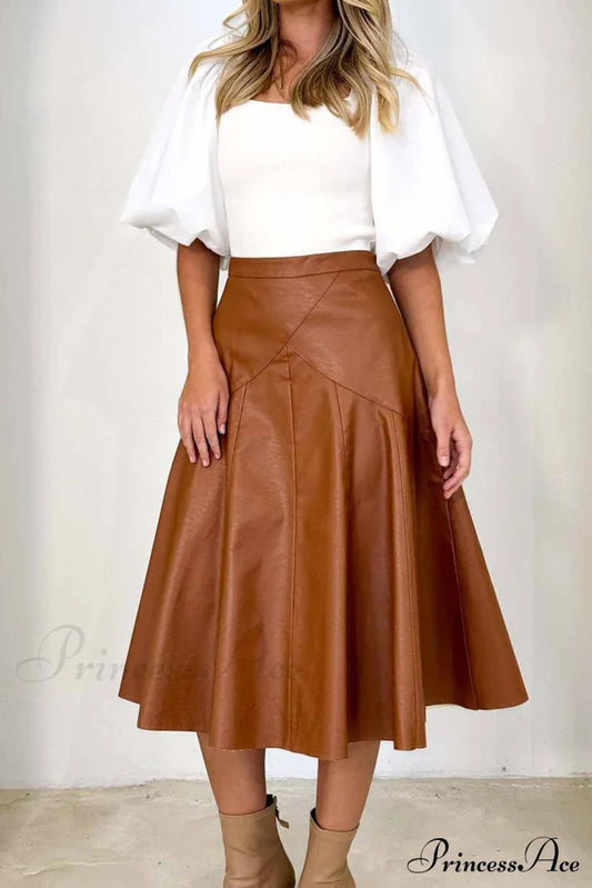 High Waist Pleated Midi Skirt Crafted From Leather Khaki / M Skirts