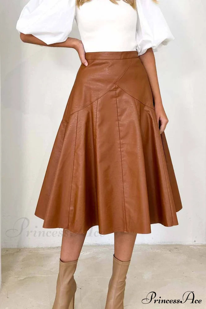 High Waist Pleated Midi Skirt Crafted From Leather Khaki / S Skirts