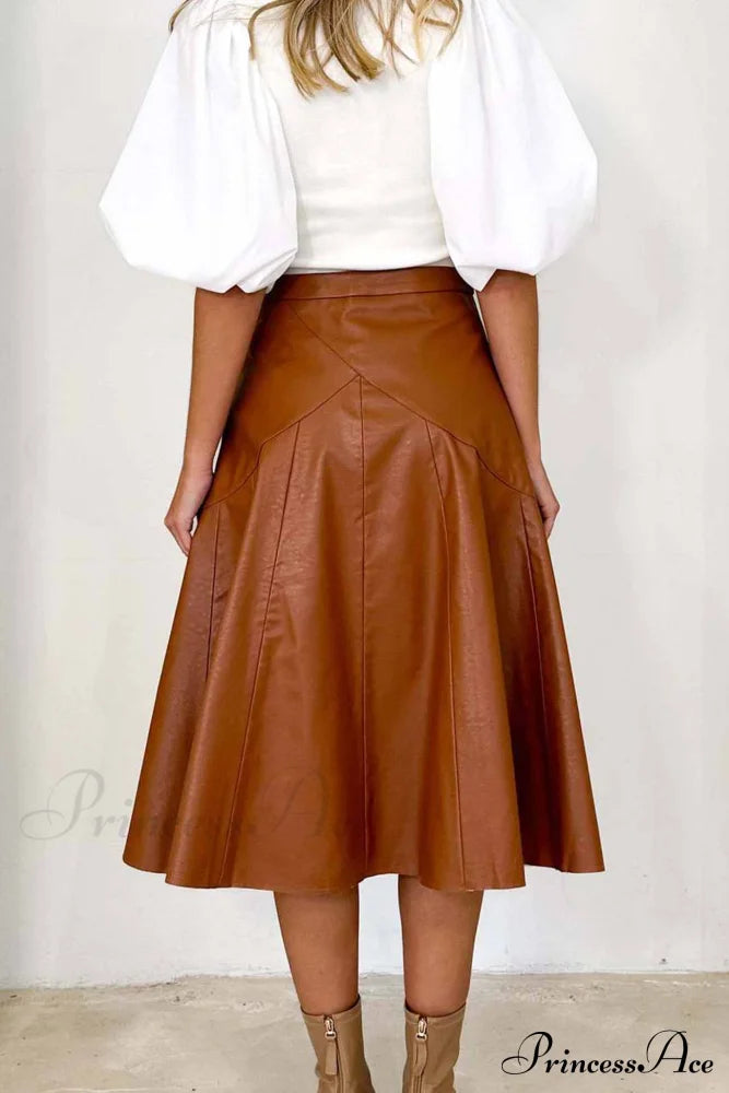 High Waist Pleated Midi Skirt Crafted From Leather Khaki / Xl Skirts