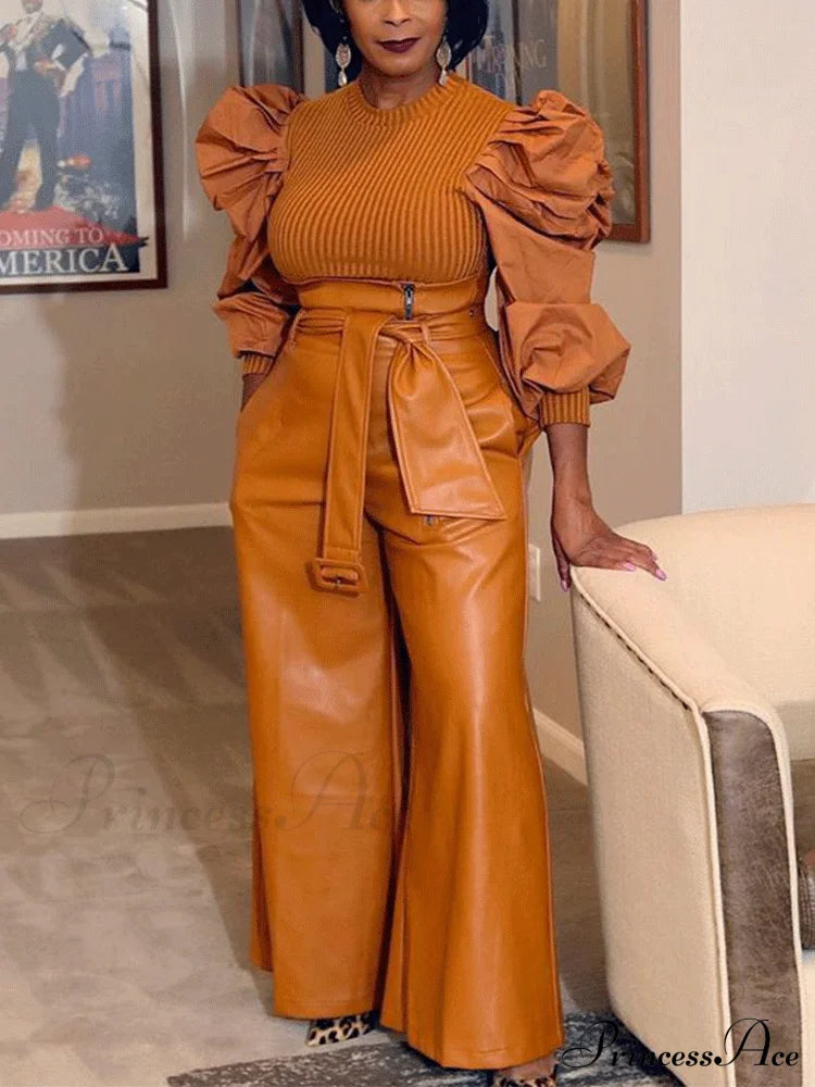 High Waist Pocket Trendy Straight Leg Pants Brown / S