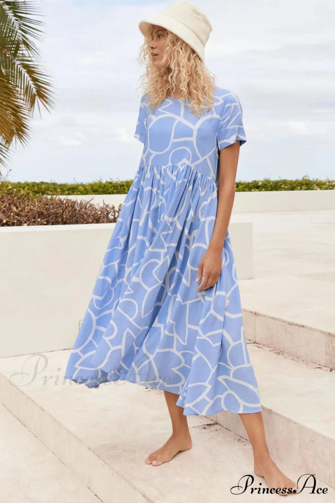 High Waist Ruched Dress With Geometric Print Blue / S Maxi Dresses