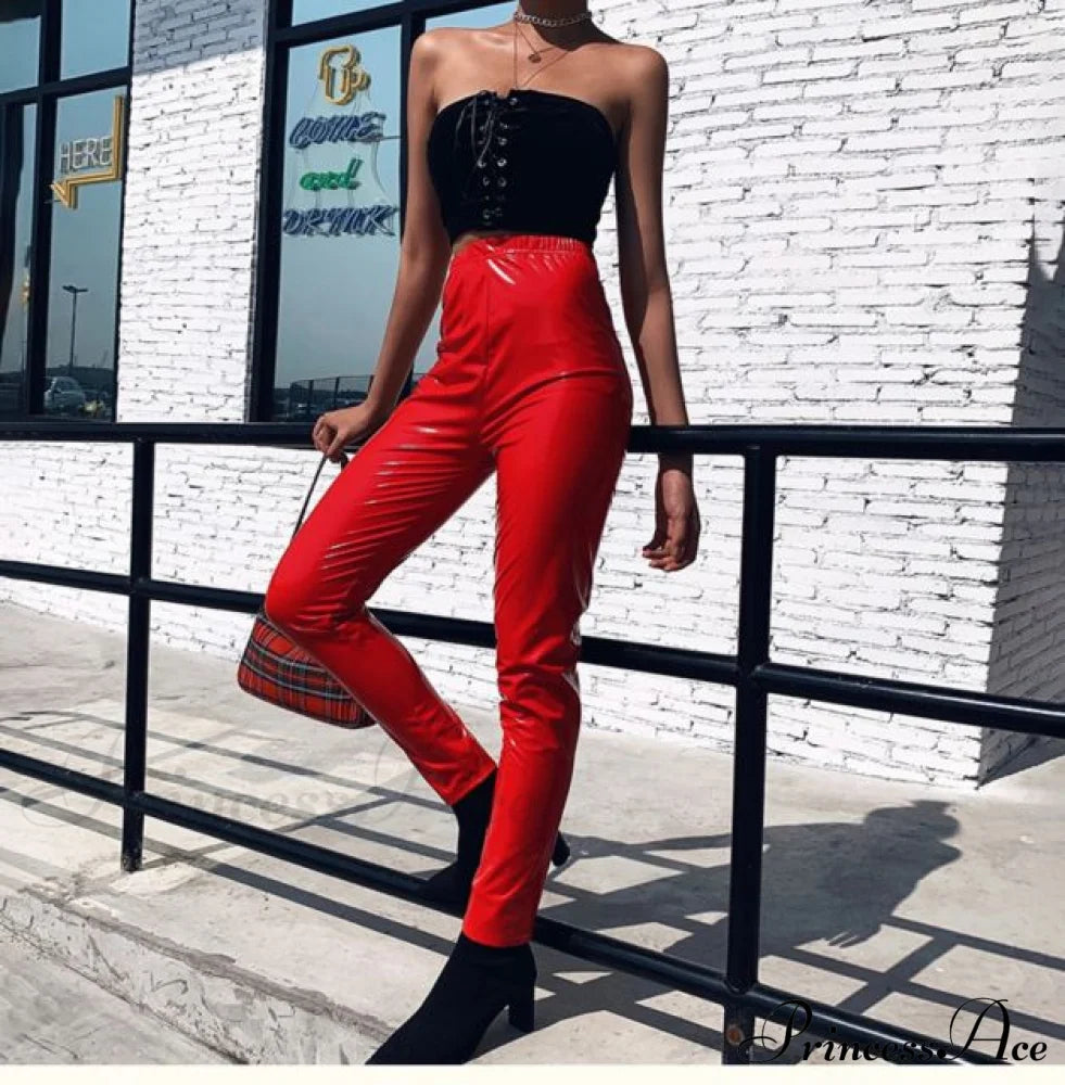 High Waist Skinny Fitness Casual Pants Red / S