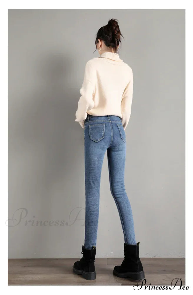 High Waist Skinny Korean Casual Stretch Woman Sexy Leggings Trousers Jean Retro Blue / 25