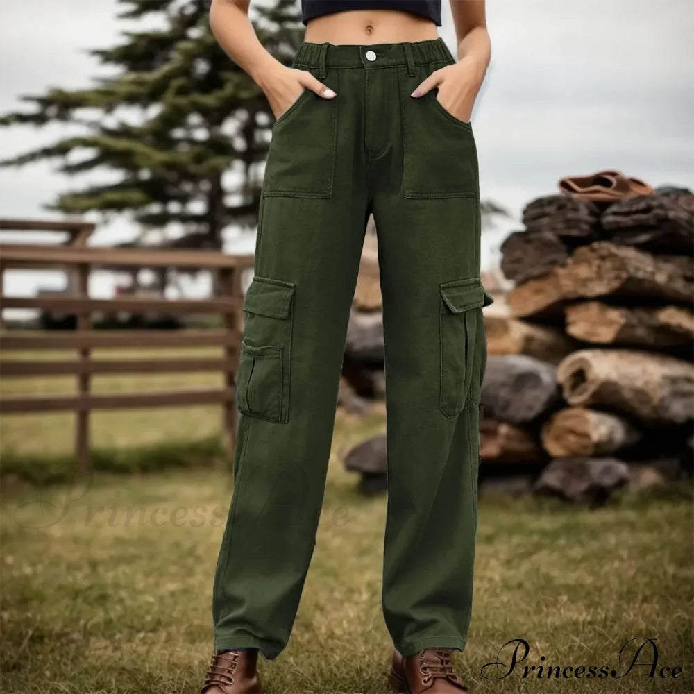 High Waist Solid Color Elastic Cargo Jeans Green / S