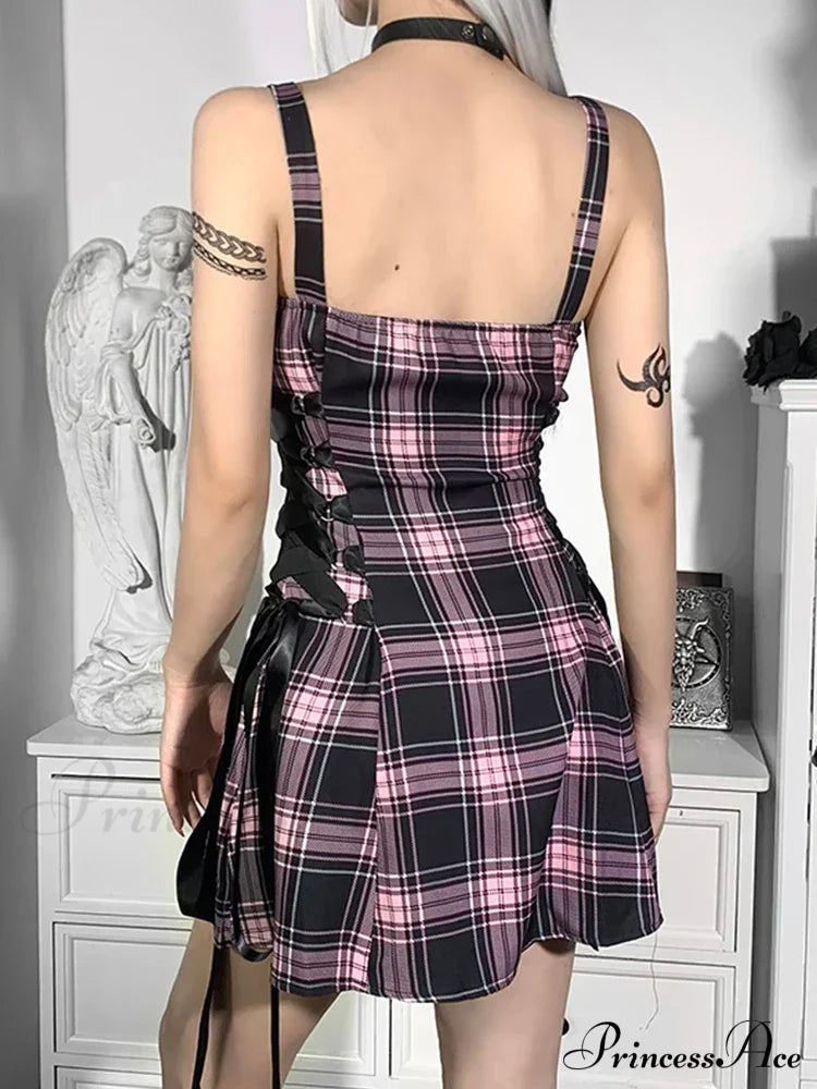 High Waist Spaghetti Strap Plaid Mini Mall Goth Grunge Punk Emo Sexy Party Zipper Aesthetic Dress