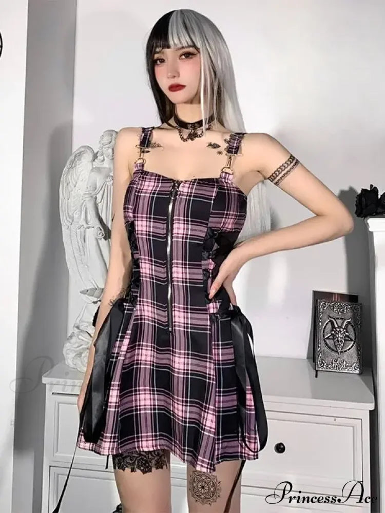 High Waist Spaghetti Strap Plaid Mini Mall Goth Grunge Punk Emo Sexy Party Zipper Aesthetic Dress