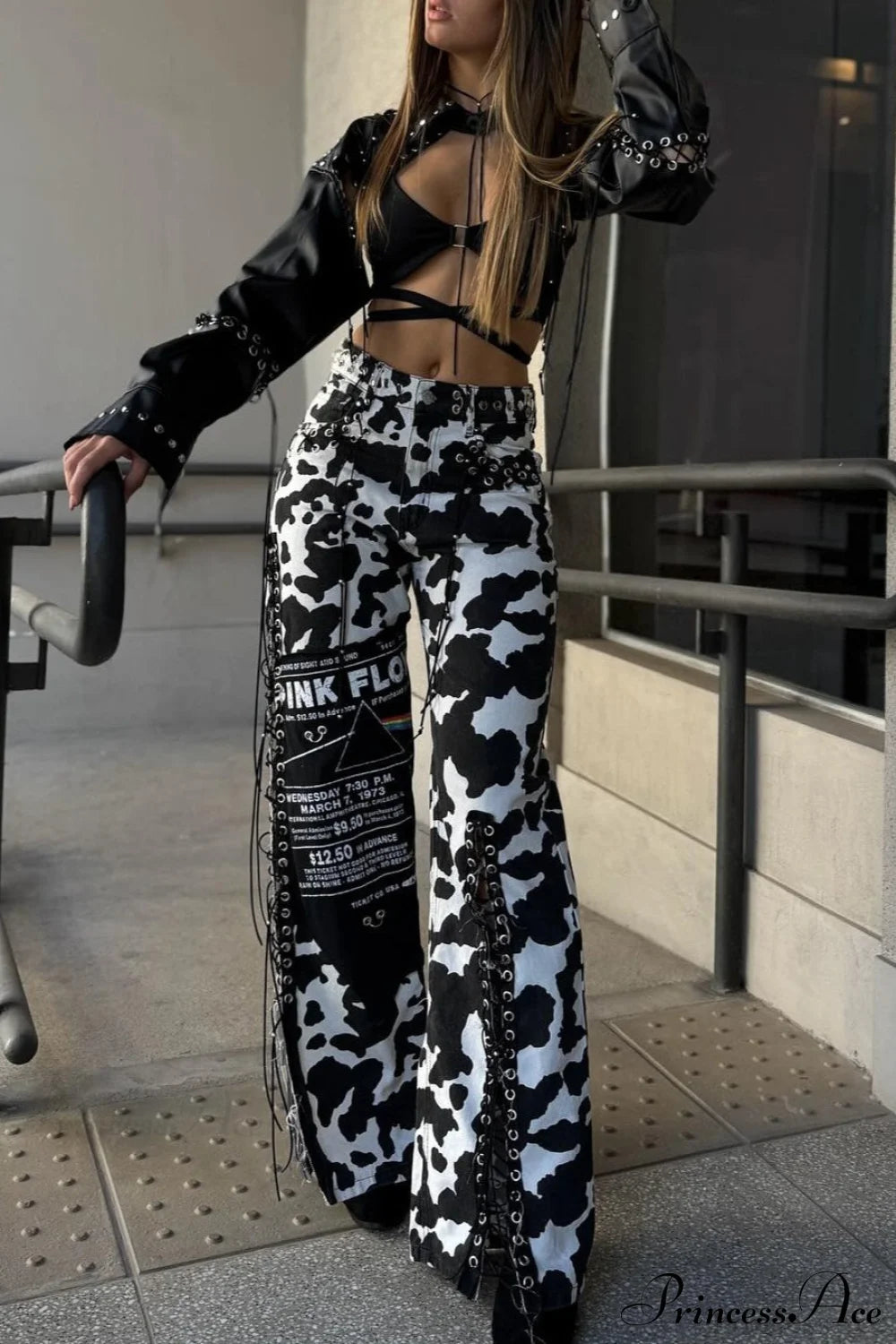 High Waist Straight Leg Milk Pattern Tassel Pants Black / S