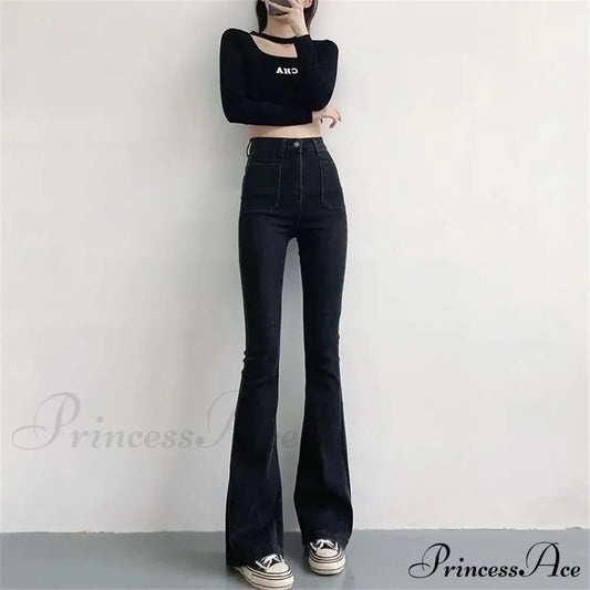 High Waist Stretch Slim Flared Women Bottom Straight Spring Autumn Denim Pants Female Fashion