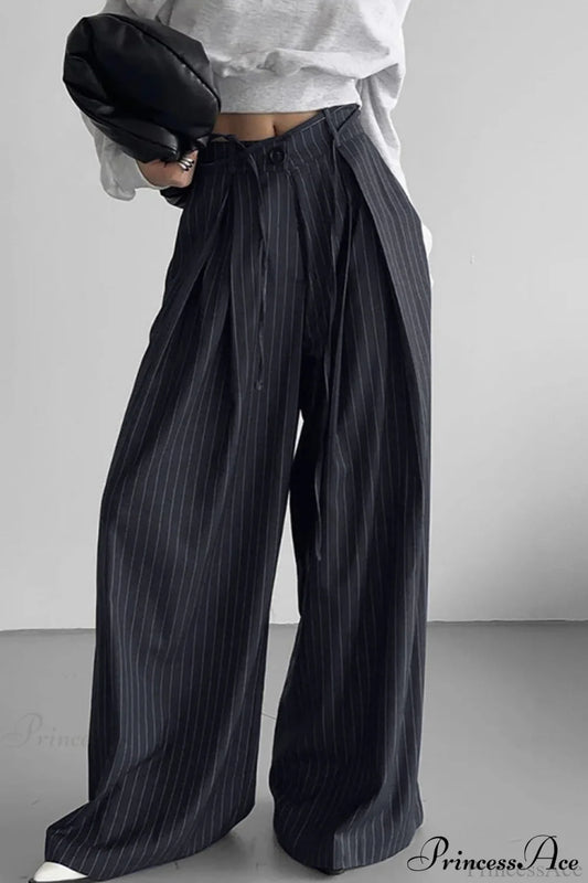 High Waist Striped Wide Leg Tailored Pants Blue / S